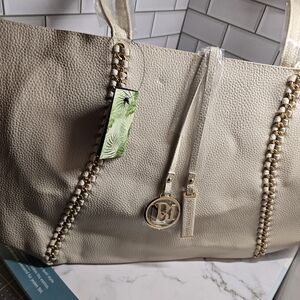 NWT Badgley Mischka Off-white Tote with Gold Chain Accents